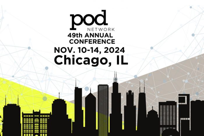 Chicago skyline with POD Conference logo above it